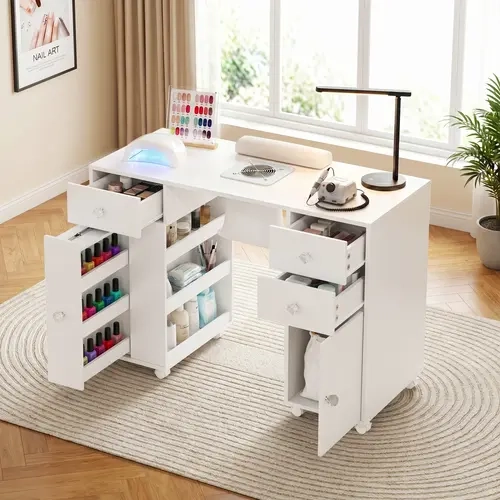 VOWNER Manicure Table Nail Tech Desk with Dust Collector & Storage Drawers | Acetone-Resistant Nail Table, Beauty Salon Station with Dust Bags & Cabinet, Rolling Nail Desk with Lockable Wheels, White