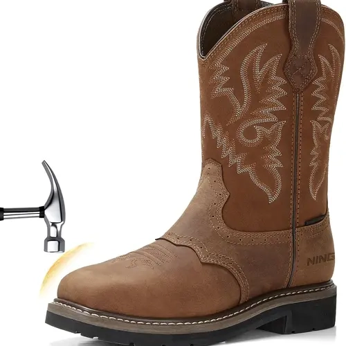 NINGO 2026 Upgraded Men's Waterproof Safety Steel Toe Square Toe Cowboy Boots - Nonslip Work Shoes for Construction, Riding