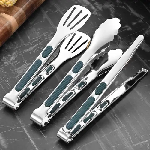 Kitchen Cooking Utensils - 3-Piece Stainless Steel Food Tongs Set with Heat-Resistant Silicone Handles, Household Kitchen Tools for BBQ Use, Steak Frying