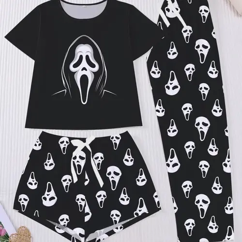 【Black Friday】Women's 3-Piece Halloween Pajama Set with Ghost-Face Print, Short-Sleeve Round-Neck Top, Elastic-Waist Shorts and Pants, Casual Home Loungewear