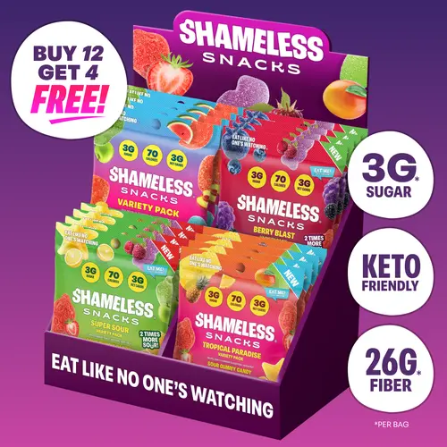 Shameless Snacks Gummy Candy Bundle - Buy 12 Get 4 Free - Sweet & Sour All-Stars, Berry Blast, Tropical Paradise & Super Sour Variety Packs | Low Sugar, Keto Friendly, Vegan, Gluten Free Sour Candy