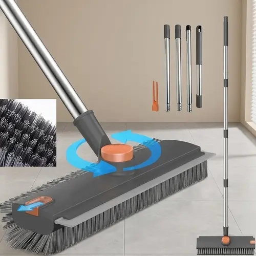 3-in-1 Floor Brush Home Cleaning Tool - Adjustable Long Handle, Heavy-Duty Stiff Bristles, Built-In Scraper, Housekeeping Cleaning Supplies for Vinyl Pools (Gray & Orange), 54 In