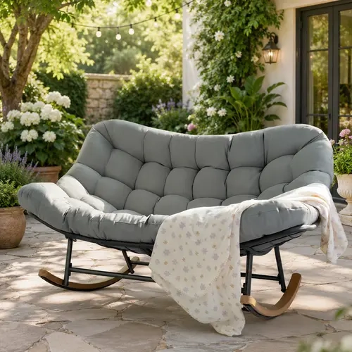 2-Person Oversized Papasan Patio Furniture Chair, Heavy-Duty Metal Frame Outdoor Rocking Chair with Gentle Rocking Motion, Thick Cushion, Curved Seat, 660lb Weight Capacity for Yard