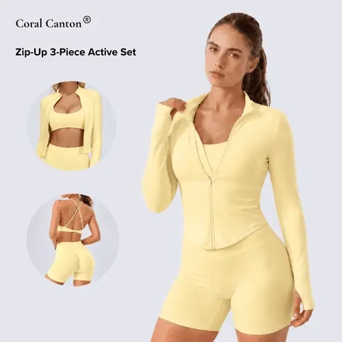 Coral Canton Zip-Up 3-Piece Active Set
