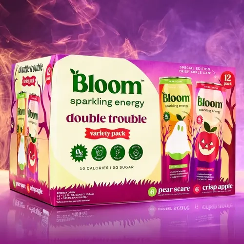New! Double Trouble Variety Pack - Bloom Sparkling Energy Variety Carton 12oz 12pk (LTO) - Pear Scare (6), Crisp Apple (6)
