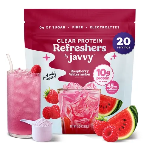 Javvy Raspberry Watermelon Refresher - Premium Clear Whey Protein Drink with Electrolytes, Fiber, 45mg Caffeine - 100% Natural Flavors, 0g Sugar, 0 Artificial Colors & Sweeteners - 20 Servings