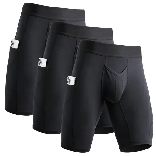 RMAC Men's Athletic Knit Compression Shorts - 12" Brushed Nylon Boxer Briefs with Pockets, Soccer Activewear Sportswear Mens Underwear