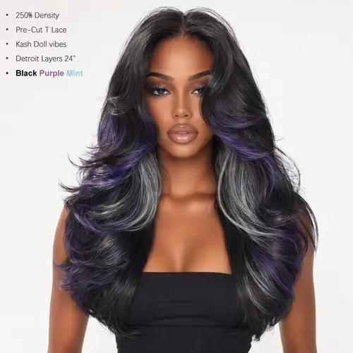 [Detroit Layers] Black Purple Mint 24 Inches Big Head Friendly Kash Doll Layers Beginher Hair Extra Full & Voluminous Middle Part Heat Resistance Fiber 250% Density Big-Head Friendly T-Part Lace Synthetic Pre-Cut Glueless Wigs Color SummerVibes