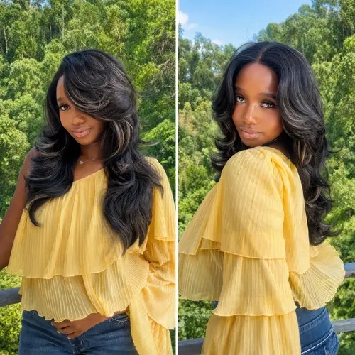 [Detroit Layers] Golden Black 24 Inches Big Head Friendly Kash Doll Layers Beginher Hair Extra Full & Voluminous Middle Part Heat Resistance Fiber 250% Density Big-Head Friendly T-Part Lace Synthetic Pre-Cut Glueless Wigs SummerVibes