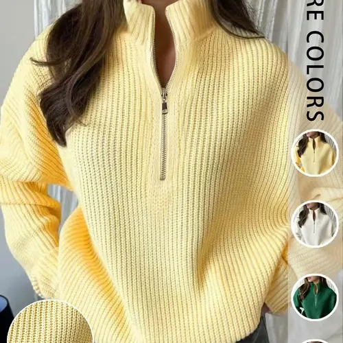 Women's Cream Half-Zip Stand Collar Sweater, Loose Knit Long Sleeve Top, Fall Winter, Soft Knitting Tops, Comfortable and Stylish