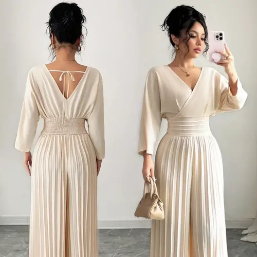 Women's Elegant V-Neck Long-Sleeve Pleated Wide-Leg Jumpsuit - High Smocked Waist, Tie Back, Solid Romper Palazzo Pants for Work Commute, Party Outfits (Jumpsuits for Women)