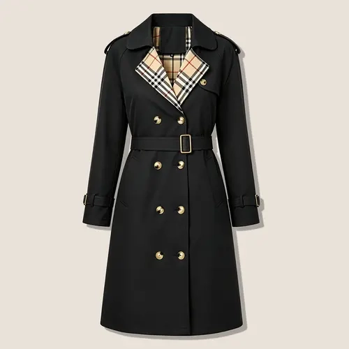 Women’s fashion trench coat – double-breasted long design with a turn-down collar and plaid lining, featuring a waist belt for cinching; classic British-style outerwear suitable for everyday commuting, office wear, travel, and dates. sohochic