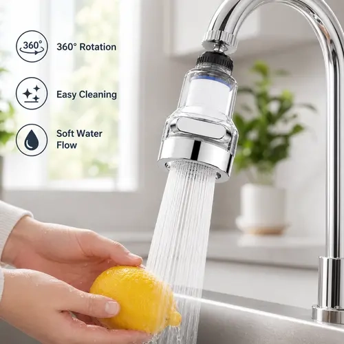 1 Count, 360° Rotating Faucet Aerator Filter 6-Layer Filtration 3 Water Modes Splash-Free for Kitchen Sink Fruit Vegetable Cleaning