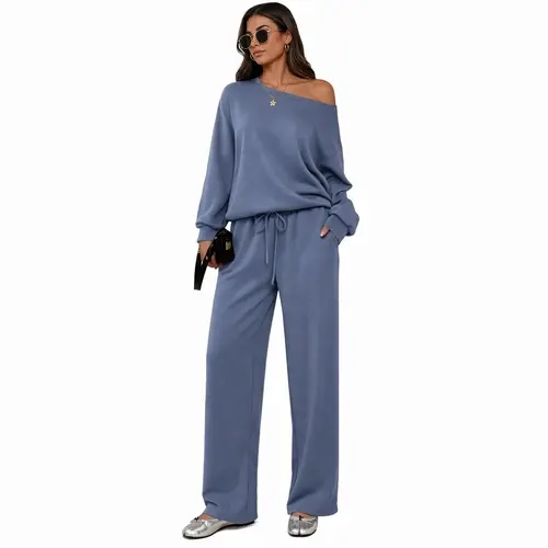 Lady's 2026 Autumn Basic Loose-Fit Leisure Solid-Color Sloping-Shoulder Scoop-Neck 2 Piece Set for Women, Regular Wide-Leg Trousers & Separates, Women's Clothes Matching Sets, Matching Sets For Women