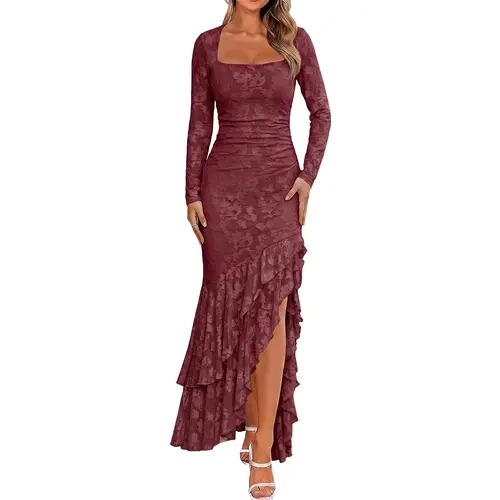 BORIFLORS Women's Formal Square Neck Long-Sleeve Floral Embroidery Mesh Maxi Dress - Ruffle, High Slit, Mermaid Bodycon, Basic Women's Clothes for Evening Cocktail, Wedding Guest Homecoming Dresses