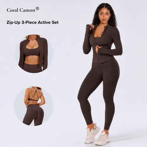 Coral Canton Seamless Zip-Up 3-Piece Active Set