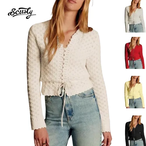 SCUSTY Women’s Casual Long Sleeve Crew Neck Crochet Cardigan Lightweight Hollow Out Tie Front Knit Short Sweater Tops