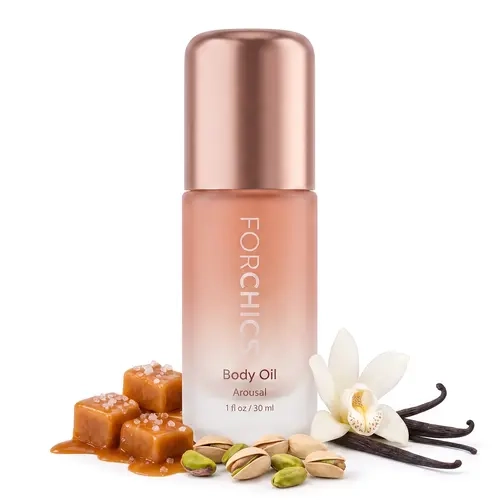 FORCHICS Pheromone-Infused Body Oil for Women – Nourishing & Moisturizing Body Oil with Sweet Almond, Argan, Jojoba, Shea Butter, Cocoa Butter & Vitamin E – Pistachio, Salted Caramel & Vanilla Scent – 1 Fl Oz