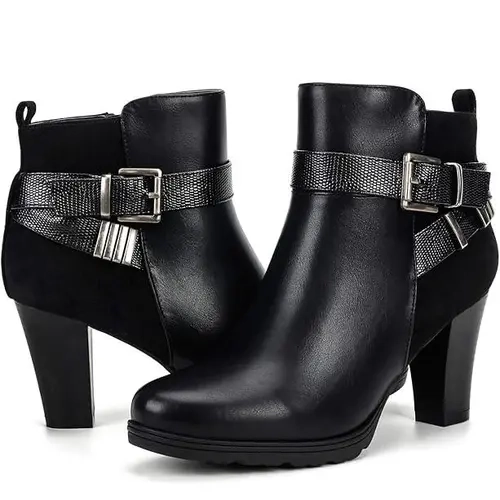 Mysoft Women's Glitter Buckle Chunky Block Heel Ankle Boots, Patchwork Leather Side Zip Short Booties, Non Slip Platform Dress Boots for Fall Winter Daily Outfits
