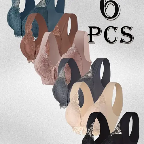 6 Pcs Women's Plus Size Lingerie & Womenswear - Wireless Push-Up Bralettes (Front Hook, Pullover Styles), Soft Breathable Fabric, V-Neck, Comfortable Everyday Undergarment bra pack lace supportive