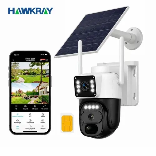 Hawkray 4G LTE Cellular Security Camera Dual Lens Dual Set - Solar-Powered Outdoor CCTV, Built-in SIM Card, 7-Day Free Trial (4G Plan Required Post-Trial, No WiFi), 360° Pan-Tilt, Night Vision, Real-Time Monitoring, Detection, 2-Way Audio