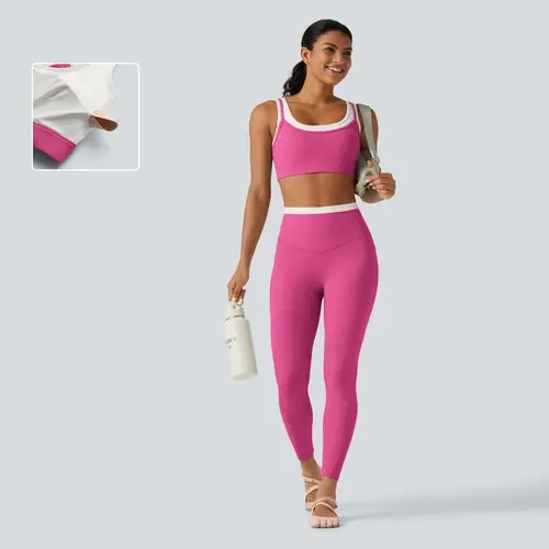 【Creator’s Pick】Halara UltraSculpt Medium Support 2-in-1 Twisted Back Color Block Sports Bra - High Waisted Tummy Control Color Block Skinny Yoga Leggings with Pockets