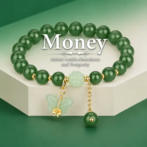 Unisex Lucky Green Dongling Jade Butterfly Charm Bracelet - Symbolism of Prosperity Blessing Crystal Pendant, Elegant Accessory, Costume Jewelry for Holiday Gifts, Daily Wear