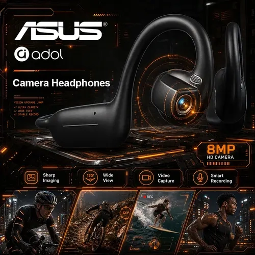 ASUS Adol OWS-G206 On-Ear Wireless Bluetooth Headphones - Audio Device with 8MP EIS Stab. Camera, First-Persp., Waterproof Design