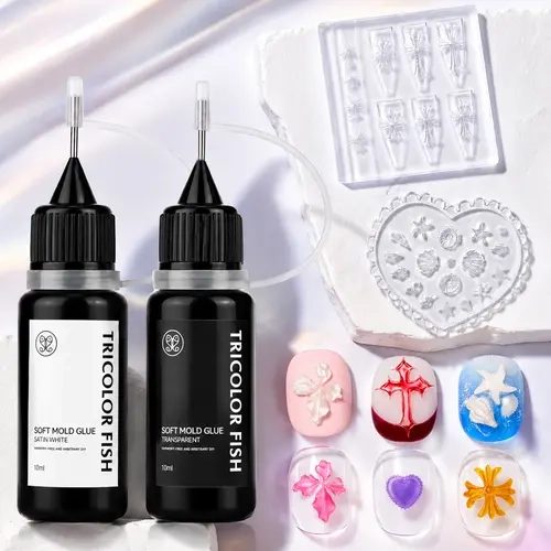 TRICOLOR FSIH Soft-Type 3D Nail Sculpting Gel (2-Piece Set: Clear/Satin White) for Nail Art Molds | 10ml Gel with 2 Molds; Suitable for Floral Sculpting & Ornament Creation; Ideal for DIY & Salon Use; Requires UV Lamp Curing.
