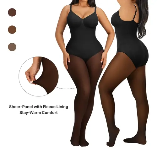 SHAPELLX Sheer-Panel with Fleece Lined Tights Stay-Warm Tummy Control Sheer Effect Tights Bodysuit Black Basic