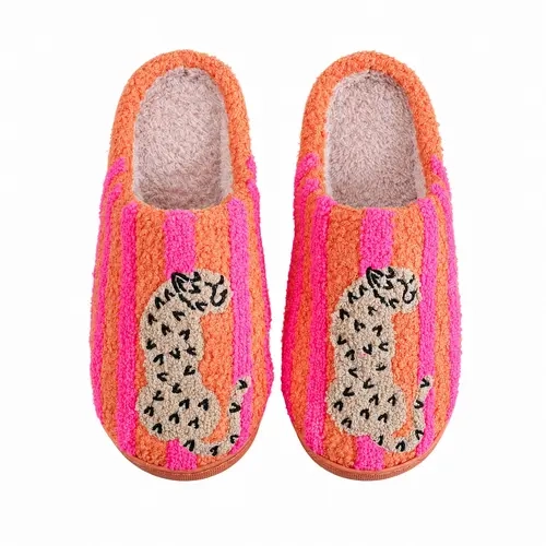 Women’s Retro Striped & Leopard Fuzzy Slippers, Super Soft Fluffy Lined Closed Toe House Shoes, Warm Cozy Anti Slip Indoor Bedroom Slippers, Winter Holiday Gift for Women