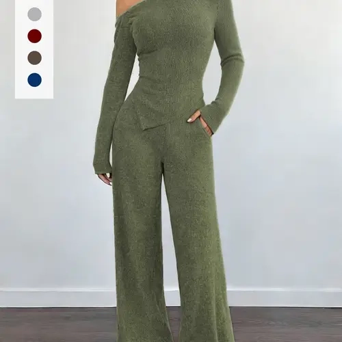 Women's Two-Piece Set, Autumn Long Sleeve Striped Pajama Set, Soft Sleepwear Loungewear, Slim Fit Asymmetrical Top, Pocketed Wide Leg Pants, Comfortable Fall
