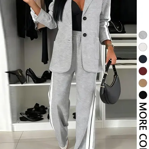 Women's Fall Winter Suit Long Sleeve Jacket + Wide Leg Striped Pants Set, Casual Daily Wear, Home Essential, Includes Pockets