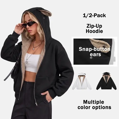 2-pack women’s cotton-blend zip-up hoodies with Snap-button ears, couples’ casual comfortable zip jackets, Y2K retro-style cardigan sweatshirts, suitable for everyday wear