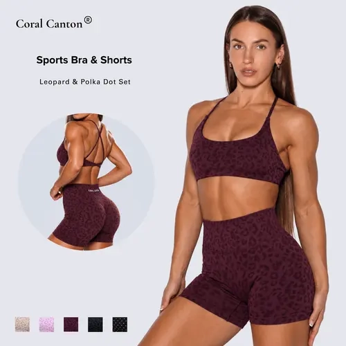 Coral Canton Seamless Leopard & Polka Dot, Sports Bra & Shorts Set BackToSchool