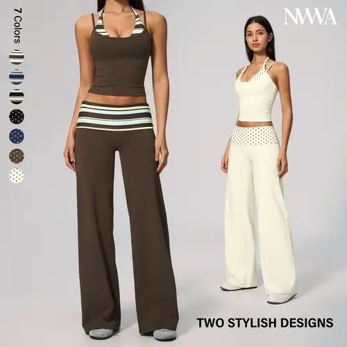 NVWA Women's 2-Piece Casual Athletic Set Ultra-stretchy, breathable & comfy yoga wear, featuring halter spliced striped/polka dot tops and high-waisted hip-lifting ruched wide-leg pants. Ideal for Pilates, gym training and daily outfits