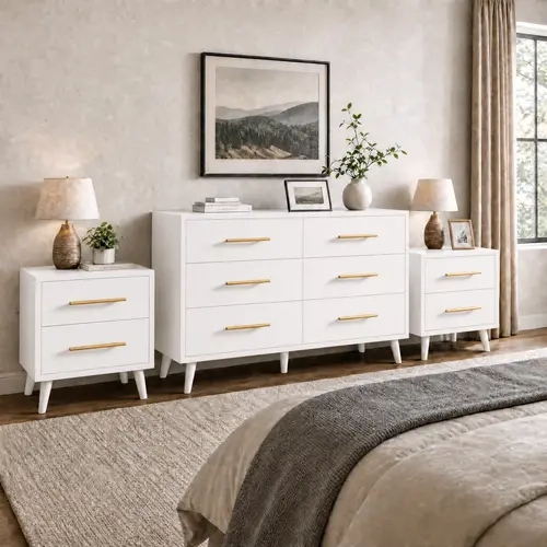 3 Piece Bedroom Set, 6 Drawer Dresser and 2 Nightstands, White/Black | 6 Drawer Dresser & Night Stand Set of 2, Modern Chest with Gold Handles, Storage Wood Dresser for Bedroom/Hallway with Ample Storage,familyfun
