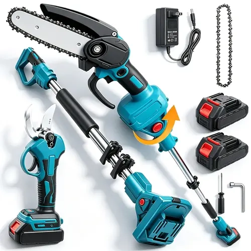 3-in-1 Cordless Pole Saw & Mini Chainsaw Garden Tools Set with 2 Batteries, Extension Pole, Garden Scissors for Tree Trimming, Limb Branch Cutter for Outdoor Use, Father's Day Gift