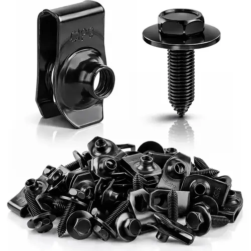 【toolupgrade】50PCS Metal Automotive Fastener Kit - Car Accessories, 1/4" Hex Head Body Bolts & Clips, Black Replacement Screws with Quick Install, Secure Fixing for Car Fender, Bumper Repair