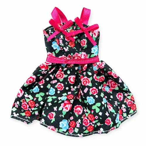Doll Clothes - Floral Dress Outfit for Bendable Wire Dolls, Cute Fabric Doll Dress with Bow Detail, Mini Doll Accessories for Desk Decor, DIY Doll Styling, Gift for Doll Lovers
