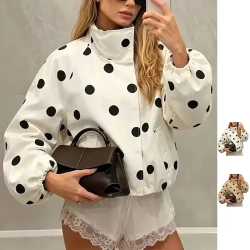 Women's Polka Dot Cropped Jacket Zip Up Lightweight Stand Collar 2026 Fall Fashion Outfits Trendy Streetwear Coat with Pockets