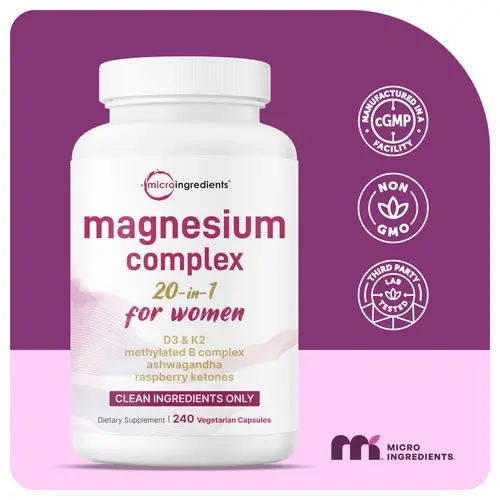 [Live Exclusive] Micro Ingredients Magnesium Complex for Women, 240 Vegetarian Capsules | 20-in-1 Formula - Magnesium Blend with Vitamin D3, K2, Ashwagandha & More | Filler Free, Non-GMO