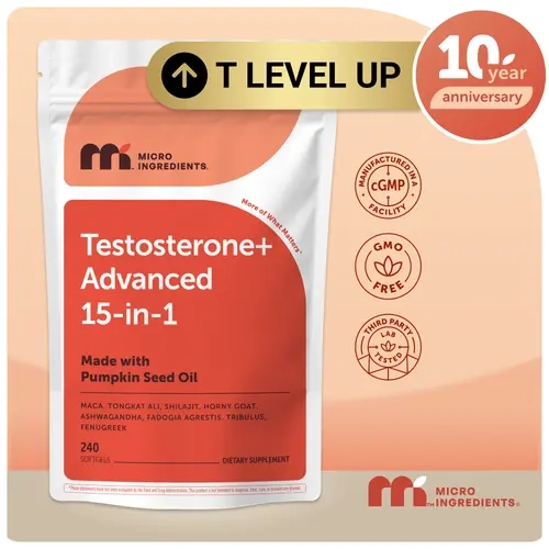 [Live Exclusive] Micro Ingredients Testosterone+ Advanced for Men & Women, 240 Softgels | 15-in-1 Complex with Tongkat Ali, Horny Goat Weed, Shilajit, Maca & Saw Palmetto | Non-GMO