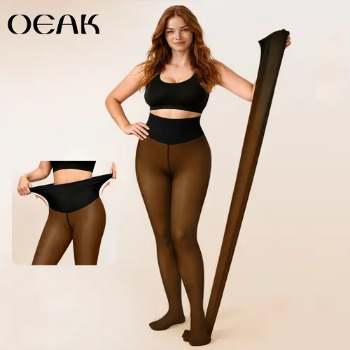 OEAK Fleece Lined Tights for Women, Thermal Warm Black Pantyhose Leggings, Fake Translucent Thick Tights for Winter