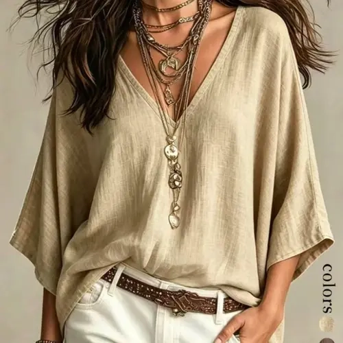 Women's Simple V-Neck Loose Fit 3/4 Sleeve Blouse, Casual Fashion Top, Comfortable Daily Wear, Elegant and Versatile Design