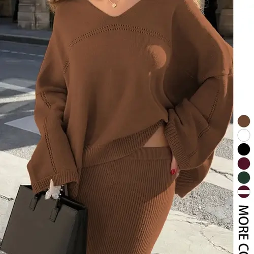 Women's Fall & Winter Fashion Casual Wear, Elegant Loose Knit V-Neck Long-Sleeve Pullover and Ribbed Midi Skirt Two-Piece Set