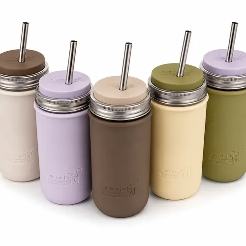 Mason Jar Lifestyle 24oz Pint & Half Water Bottle Travel Tumbler with Silicone Sleeve & Straw Lid (Neutrals)