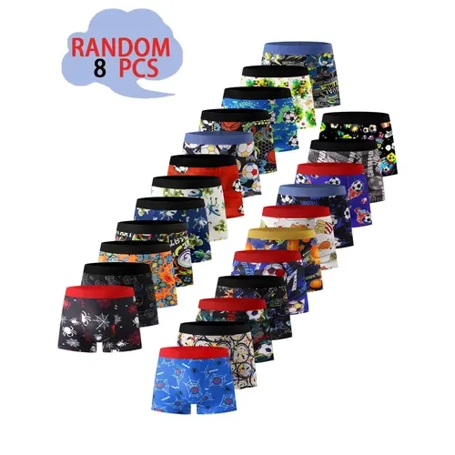 8 Pcs Boys' Boxer Briefs, Street Style Cartoon Print, Soft Fabric, Sli