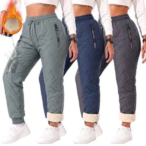 JOGWAVE Lady's Basic Polyester Women's Clothing Fleece-Lined Winter Long Pants - 3PCS Loose Fit Trousers with Zippered Pockets, Warm Casual Clothes for Everyday Wear & Outdoor Activities, Christmas Gift