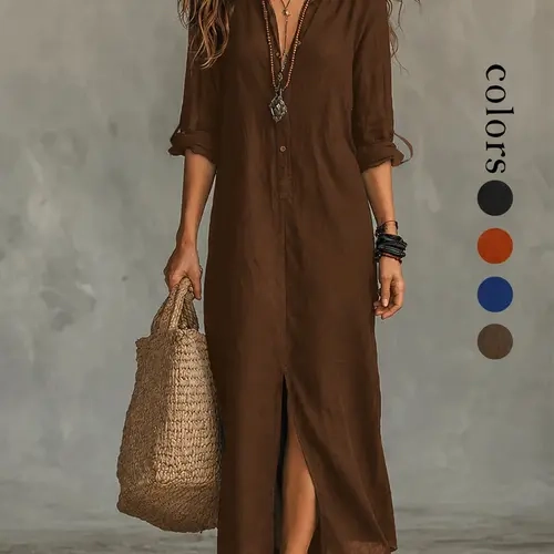 Women's Casual Loose Fit Midi Dress, Solid Color Long Sleeve Boho Shirt Dress, All Seasons Fashion, Comfortable and Stylish, Dresses with Sleeves